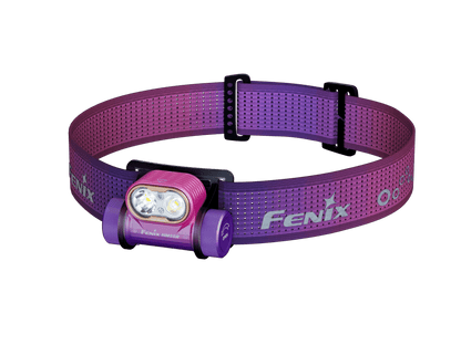 Headlamp Fenix HM55R with purple adjustable band and dual LEDs, branded Fenix Store on Tampa Home & Garden Store