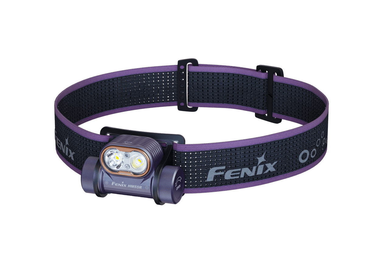 Headlamp Fenix HM55R on adjustable purple/black band with dual LEDs by Fenix Store on Tampa Home & Garden Store