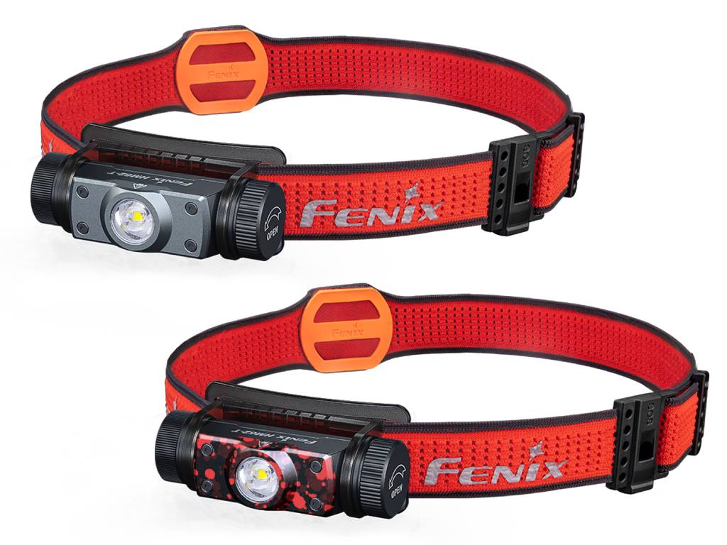 Fenix HM62-T headlamp with red adjustable strap and black front module, two units shown on Tampa Home & Garden Store