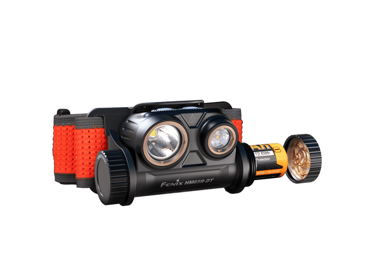 Fenix HM65R-DT headlamp with dual LEDs, black body, bronze bezel, red strap on Tampa Home & Garden Store