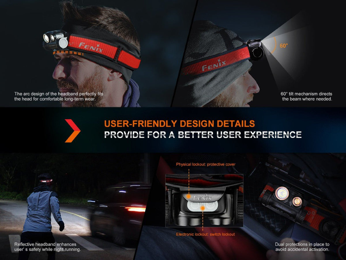 Fenix HM65R-DT headlamp on red strap worn by night trail runner, dual LEDs visible on Tampa Home & Garden Store