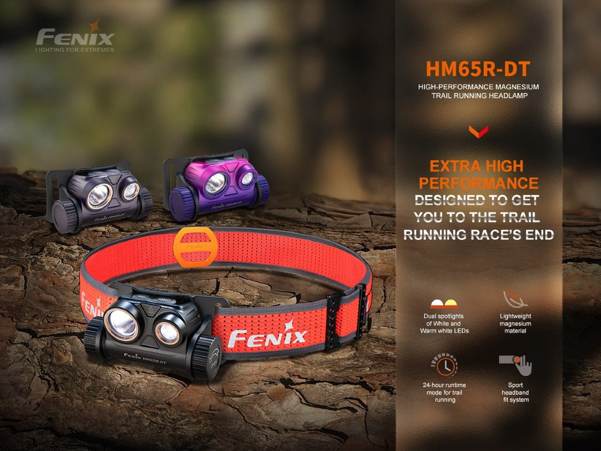 Fenix HM65R-DT headlamp with red strap; black body and dual lenses; three headlamps on Tampa Home & Garden Store