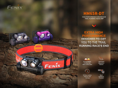 Fenix HM65R-DT headlamp with red strap; black body and dual lenses; three headlamps on Tampa Home & Garden Store