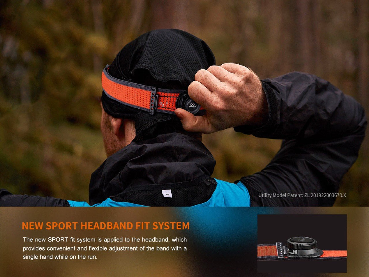 Fenix HM65R-DT headlamp by Fenix Store with orange adjustable strap on trail-ready headband on Tampa Home & Garden Store