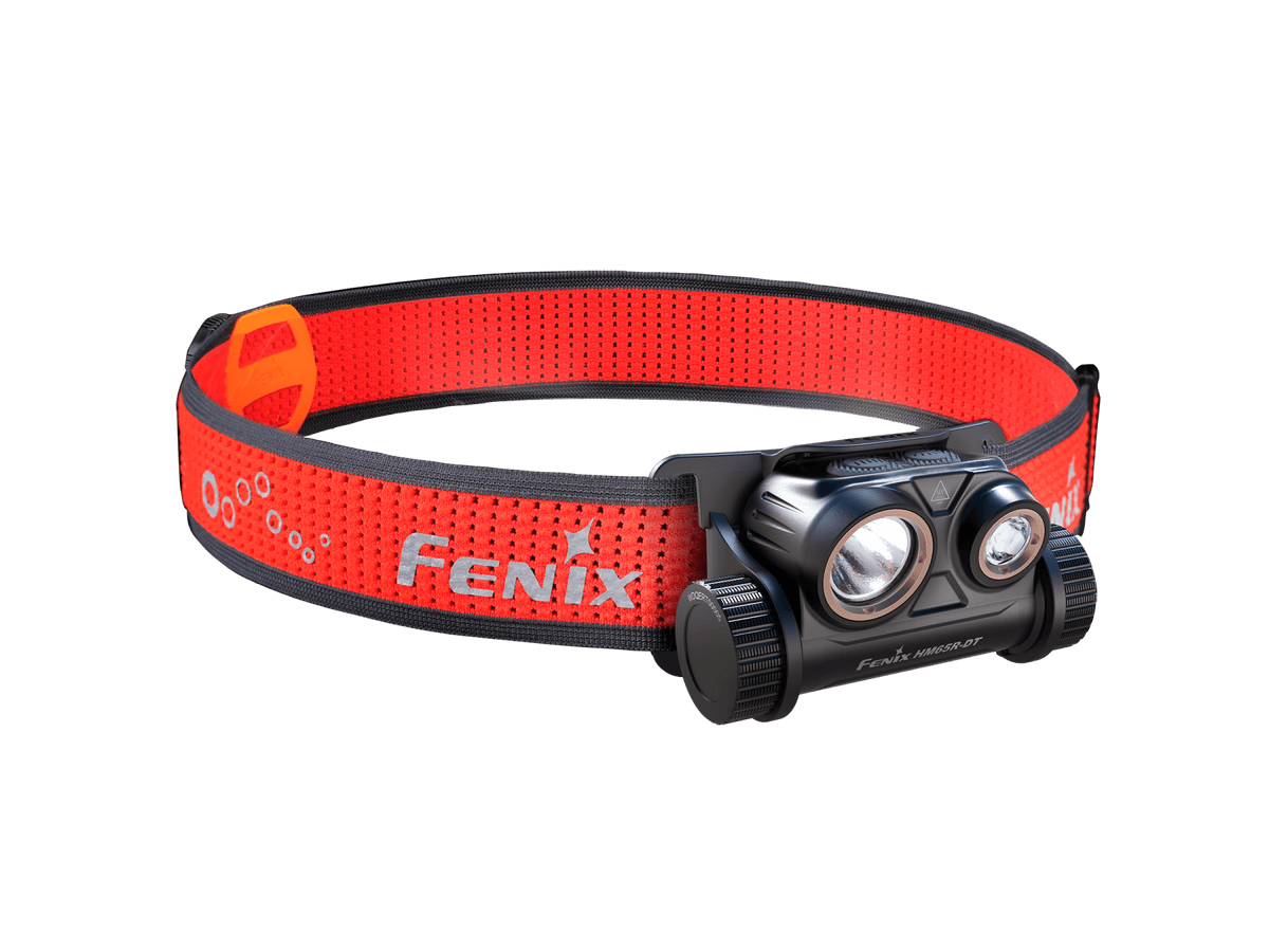 Headlamp Fenix HM65R-DT with red perforated strap and dual LED lights on Tampa Home & Garden Store