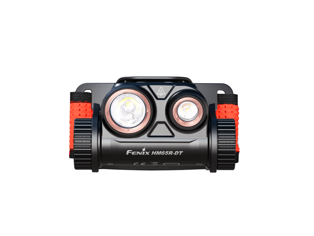 Headlamp Fenix HM65R-DT dual LEDs, black body with red strap for trail on Tampa Home & Garden Store