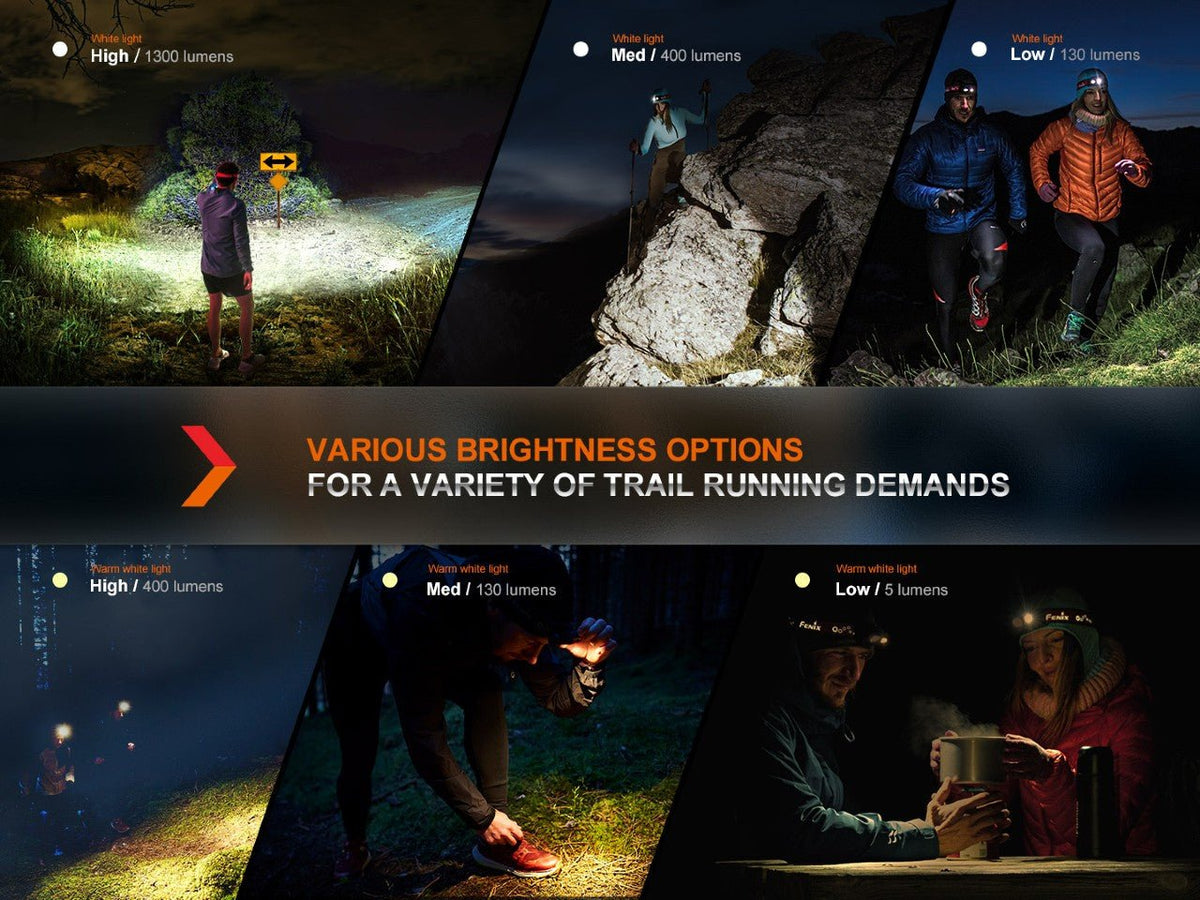 Fenix HM65R-DT trail running headlamp six-panel collage with white and warm brightness options on Tampa Home & Garden Store