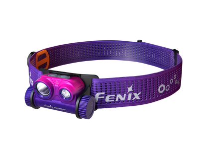 Fenix HM65R-DT headlamp with purple housing, perforated purple strap, orange adjustment tab on Tampa Home & Garden Store
