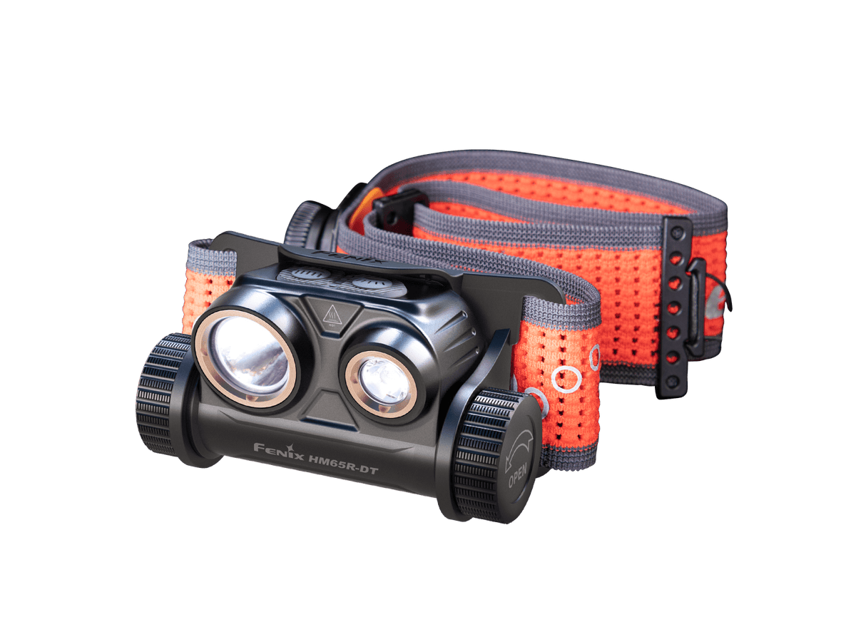 Fenix HM65R-DT headlamp with orange-gray strap and triple-LED front lights on Tampa Home & Garden Store