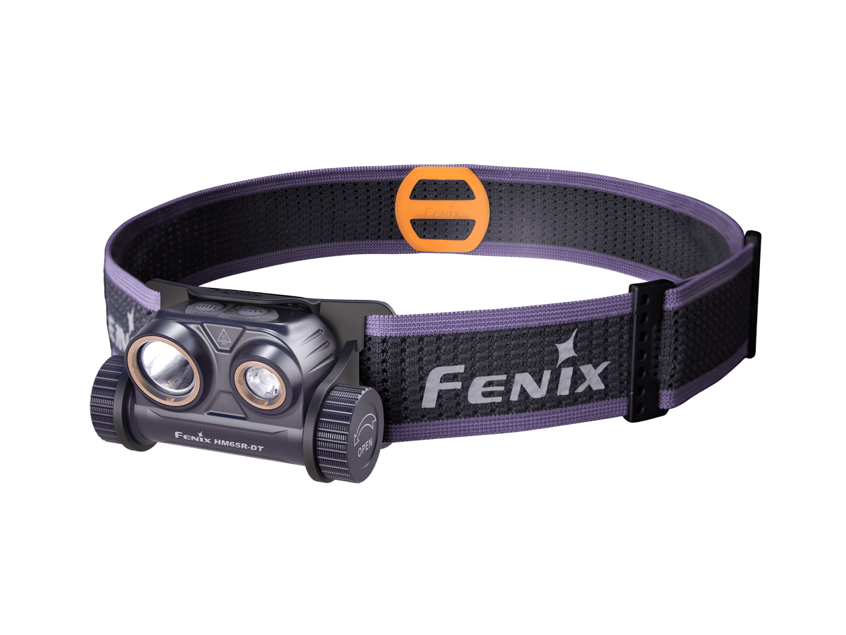 Fenix HM65R-DT headlamp with dual LEDs on a purple adjustable headband with orange buckle on Tampa Home & Garden Store