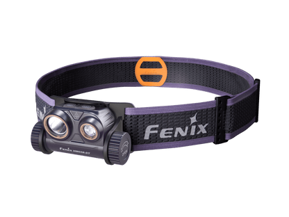 Fenix HM65R-DT headlamp with dual LEDs on a purple adjustable headband with orange buckle on Tampa Home & Garden Store
