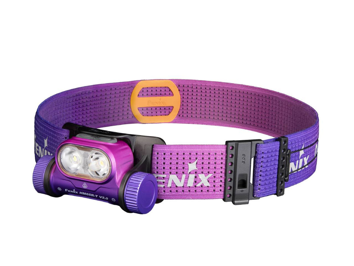 Fenix HM65R-T V2.0 headlamp with purple body and strap, dual LEDs and orange buckle on Tampa Home & Garden Store