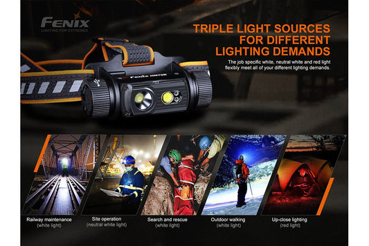 Fenix HM70R Rechargeable LED Headlamp with orange-trim head strap and triple light sources on Tampa Home & Garden Store