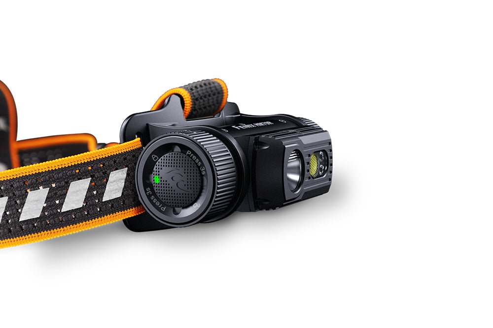 Headlamp Fenix HM70R with orange-black strap, rechargeable 1600-lumen LED on Tampa Home & Garden Store