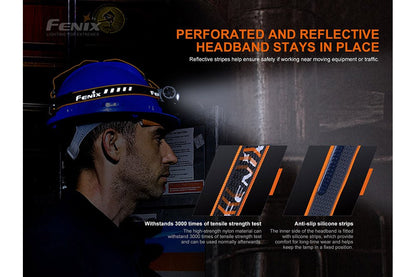 Headlamp Fenix HM70R rechargeable LED worn on a blue helmet by a worker in low light on Tampa Home & Garden Store
