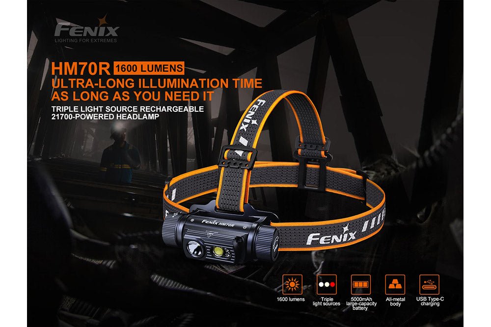 Headlamp Fenix HM70R 1600 lumens with orange-accent strap, rechargeable by Fenix Store on Tampa Home & Garden Store