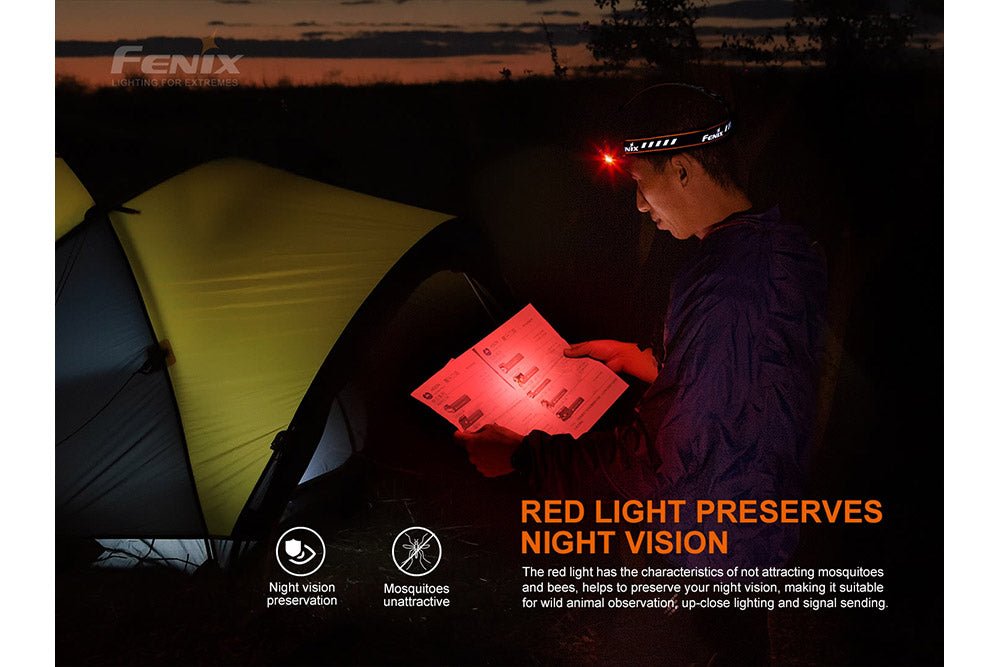 Fenix HM70R headlamp rechargeable LED, red light visible, worn by camper reading in tent on Tampa Home & Garden Store