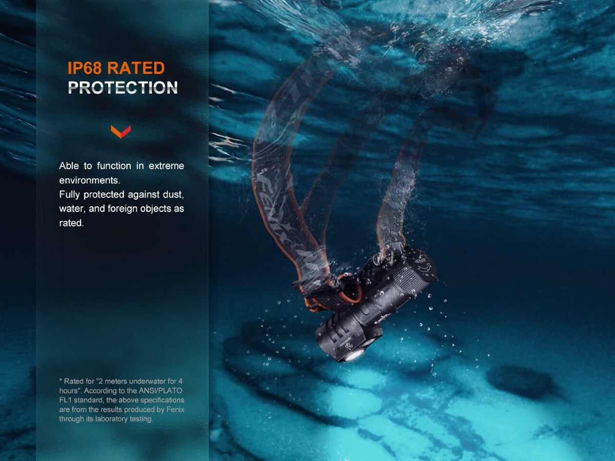 Fenix HM71R rechargeable headlamp, black rugged with IP68 protection underwater scene on Tampa Home & Garden Store