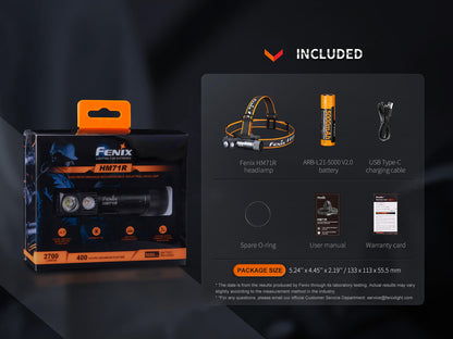 Fenix HM71R headlamp packaging with orange box and included battery, USB-C cable on Tampa Home & Garden Store
