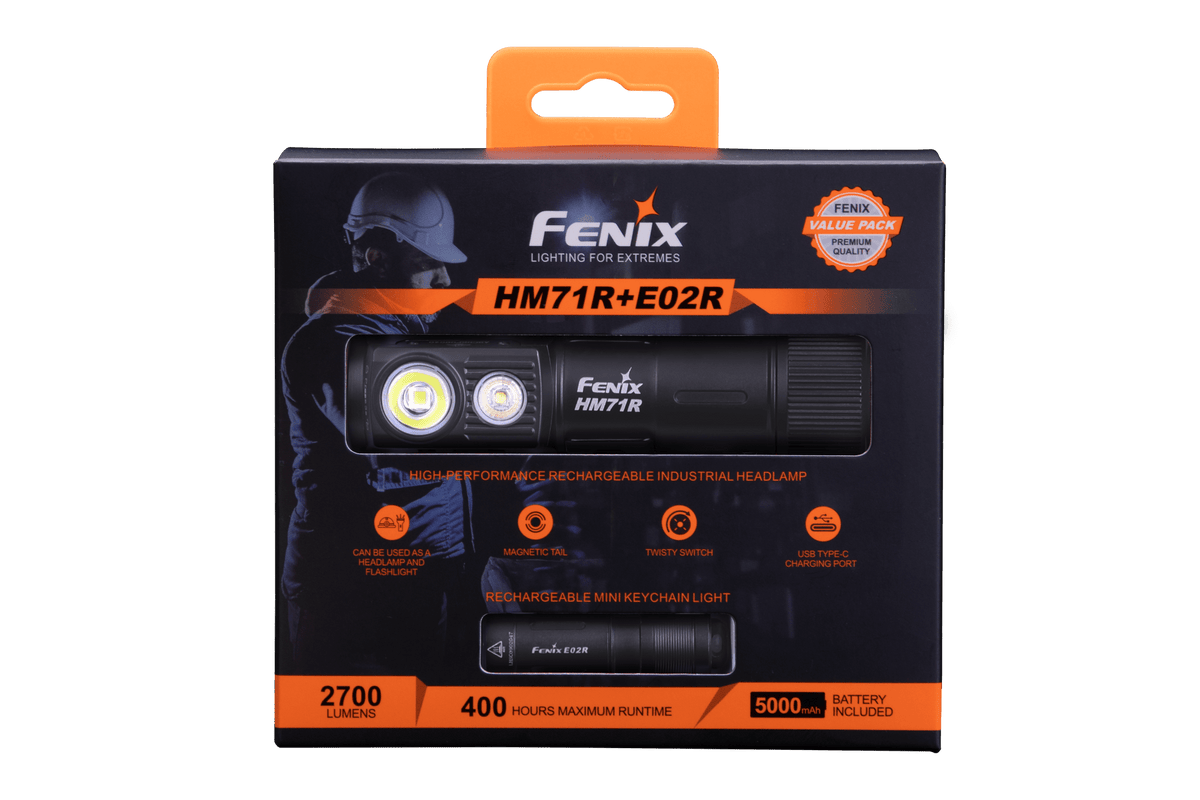 Fenix HM71R headlamp with E02R rechargeable industrial LED, black body with orange branding on Tampa Home & Garden Store