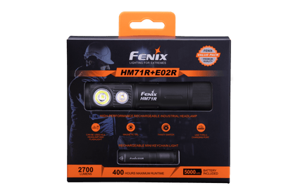 Fenix HM71R headlamp with E02R rechargeable industrial LED, black body with orange branding on Tampa Home & Garden Store