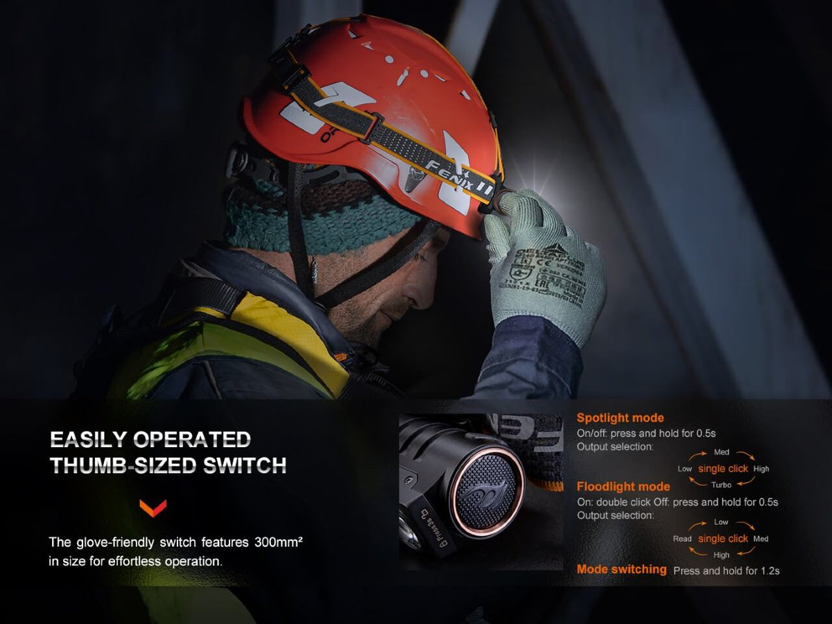 Headlamp Fenix HM71R rechargeable industrial LED headlamp worn on helmet with orange strap on Tampa Home & Garden Store