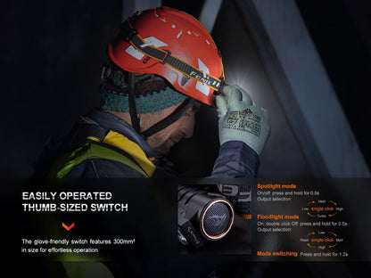 Headlamp Fenix HM71R rechargeable industrial LED headlamp worn on helmet with orange strap on Tampa Home & Garden Store