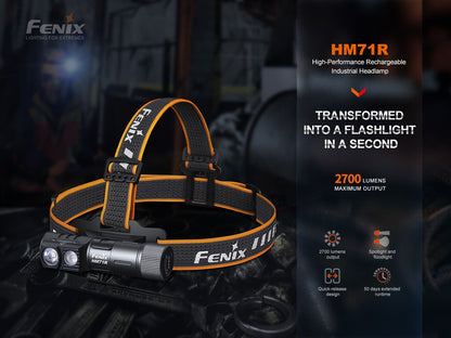 Fenix HM71R rechargeable industrial headlamp with black body and orange strap 2700 lumens on Tampa Home & Garden Store