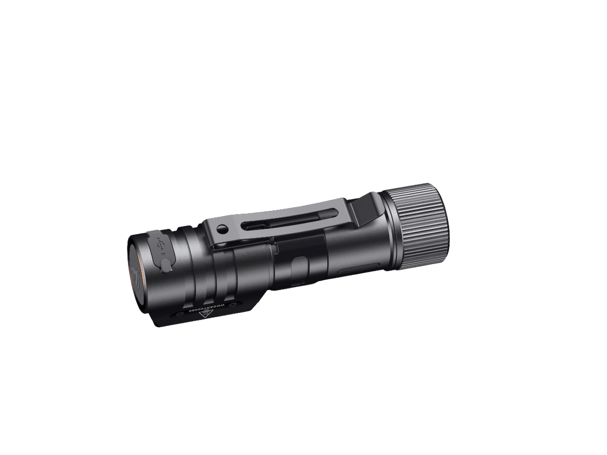 Fenix HM71R rechargeable LED headlamp, black metal body, side clip on Tampa Home & Garden Store