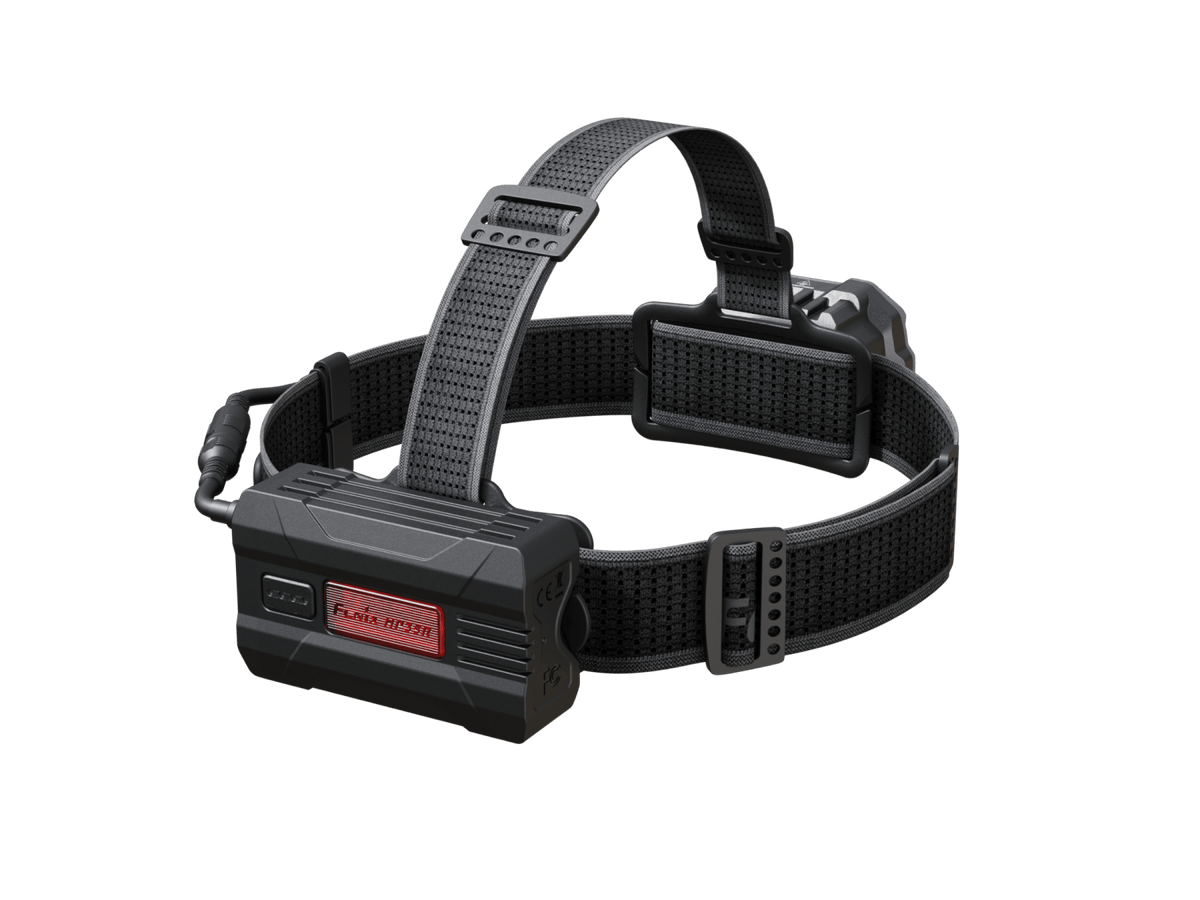 Fenix HP35R headlamp on adjustable black headband with compact battery pack on Tampa Home & Garden Store