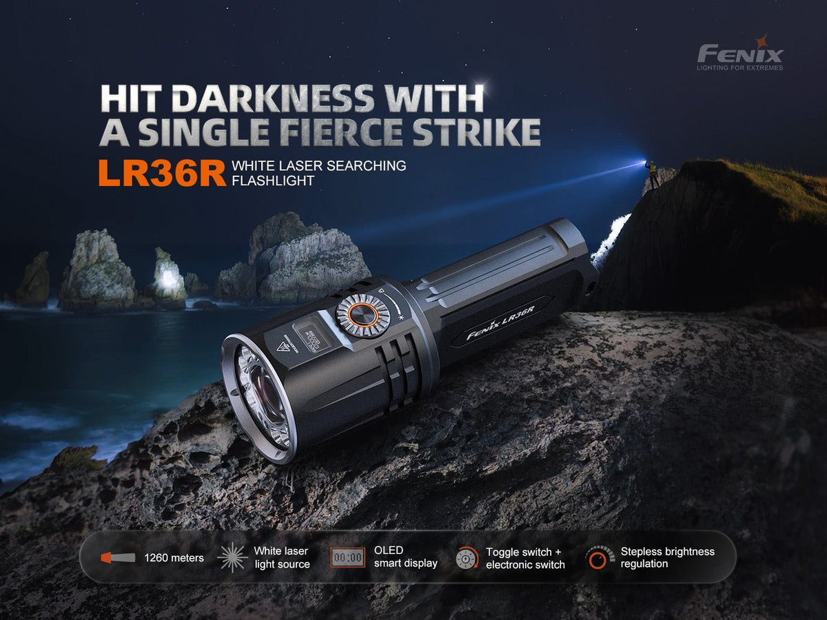 Fenix LR36R white laser searching flashlight with black aluminum body and orange dial on rocky shore at night on Tampa Home & Garden Store