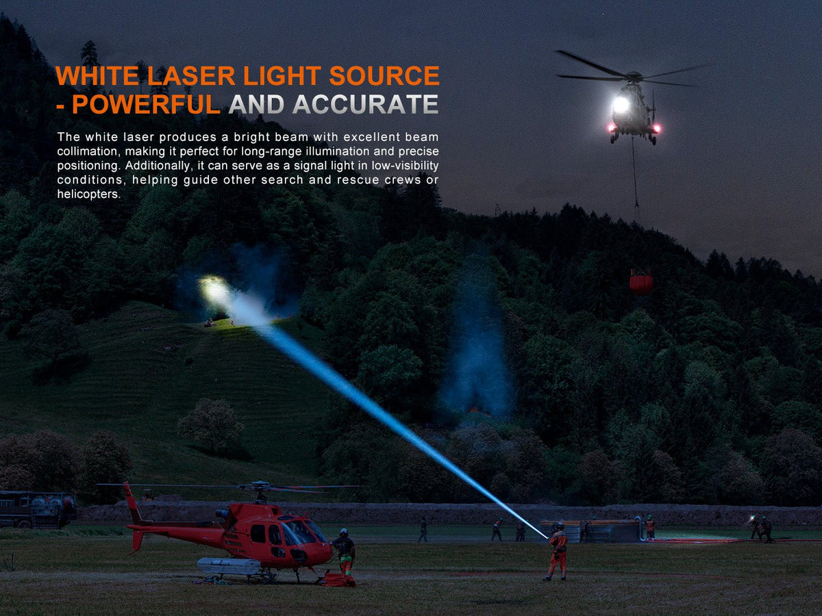 Fenix LR36R white laser searching flashlight; blue beam lights field near red rescue helicopter on Tampa Home & Garden Store