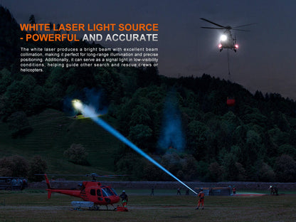 Fenix LR36R white laser searching flashlight; blue beam lights field near red rescue helicopter on Tampa Home & Garden Store