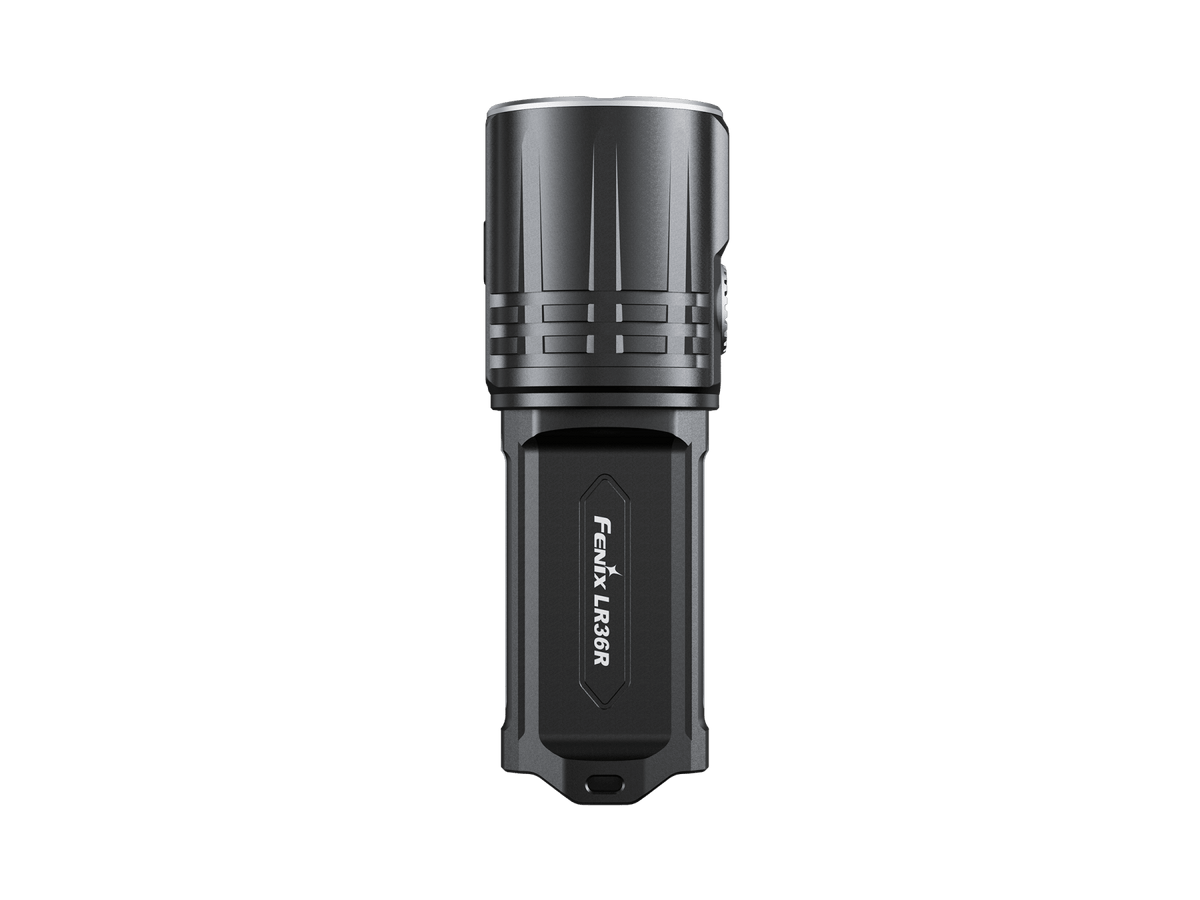 Fenix LR36R black work flashlight with rugged ribbed head and visible branding on body on Tampa Home & Garden Store