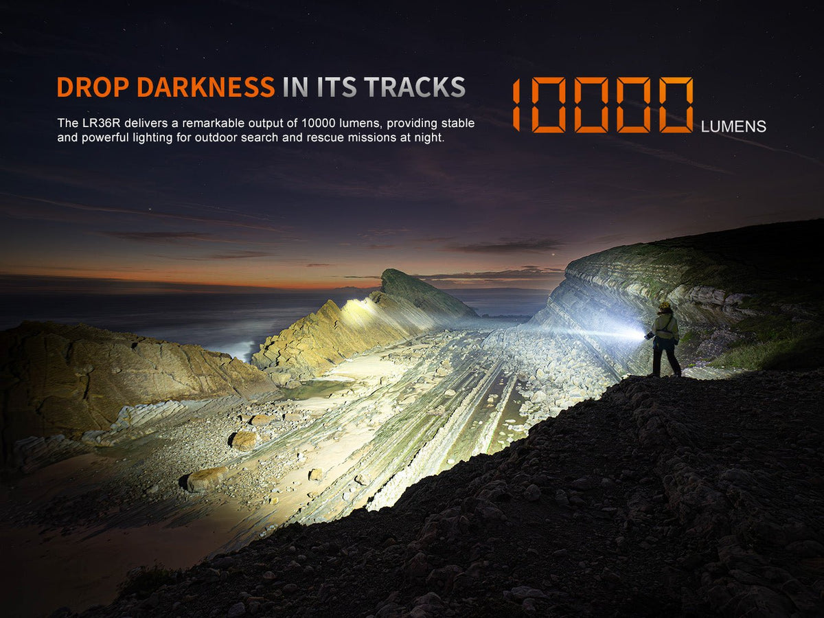 Fenix LR36R white laser searching flashlight lighting rocky shoreline at night 10000 lumens on Tampa Home & Garden Store
