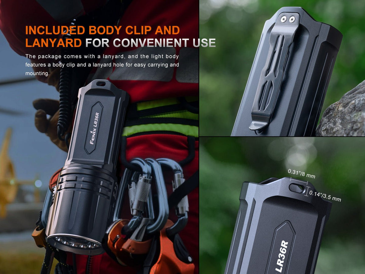Fenix LR36R white laser searching flashlight with gray body clip and lanyard shown in outdoor use on Tampa Home & Garden Store