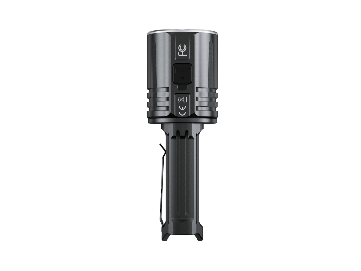 Fenix LR36R White Laser Searching Flashlight head with dual switches, metallic gray body on Tampa Home & Garden Store