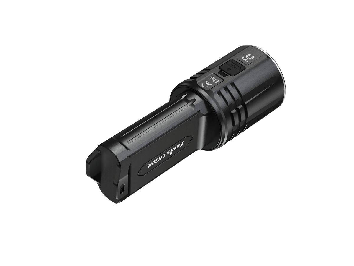 Fenix LR36R flashlight black metal body with ridged head and visible branding on side on Tampa Home & Garden Store