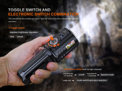 Fenix LR36R White Laser Searching Flashlight black metal body with orange control dial on Tampa Home & Garden Store