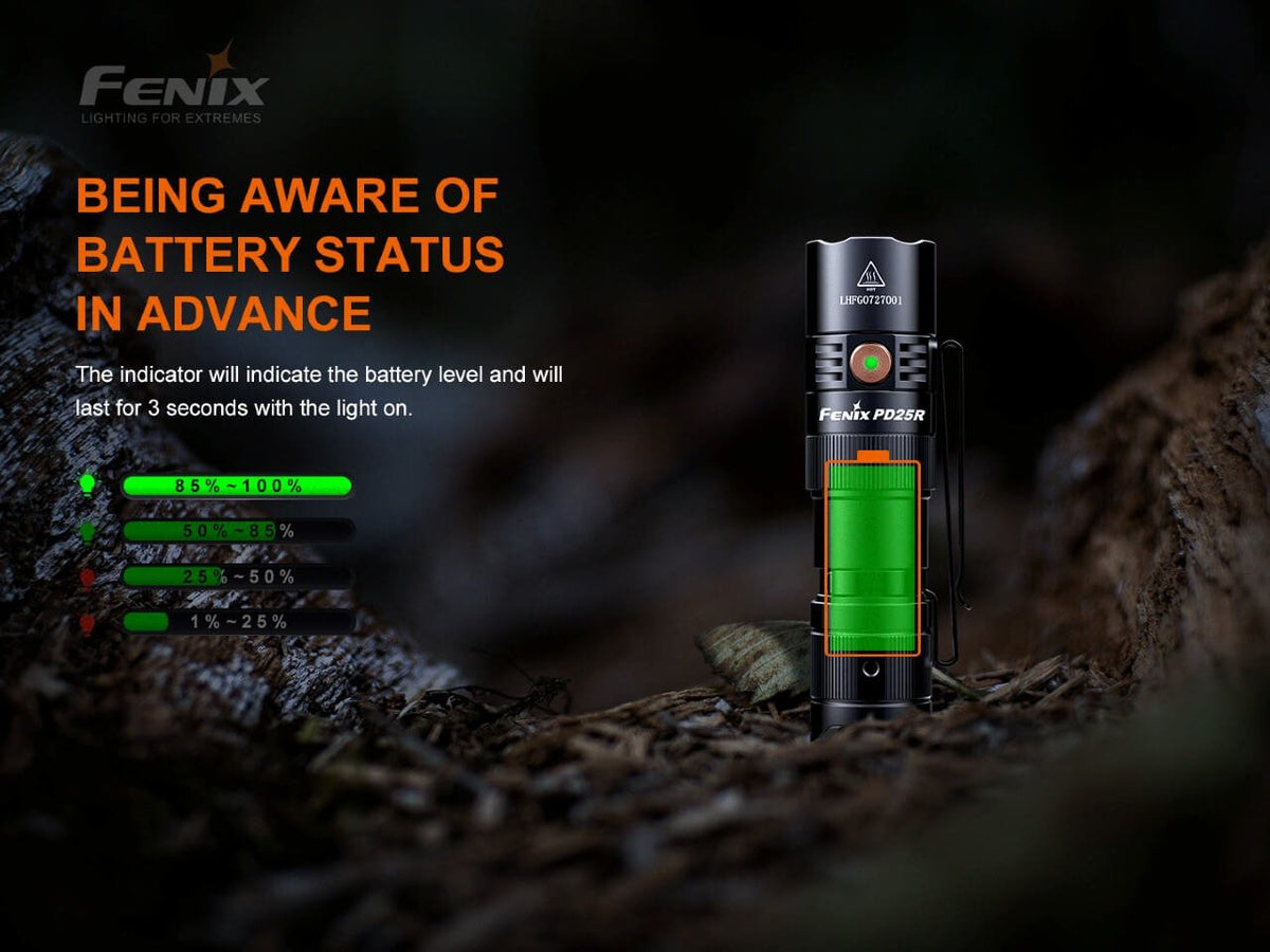 Fenix PD25R rechargeable LED flashlight with green battery display in outdoor rocky setting on Tampa Home & Garden Store