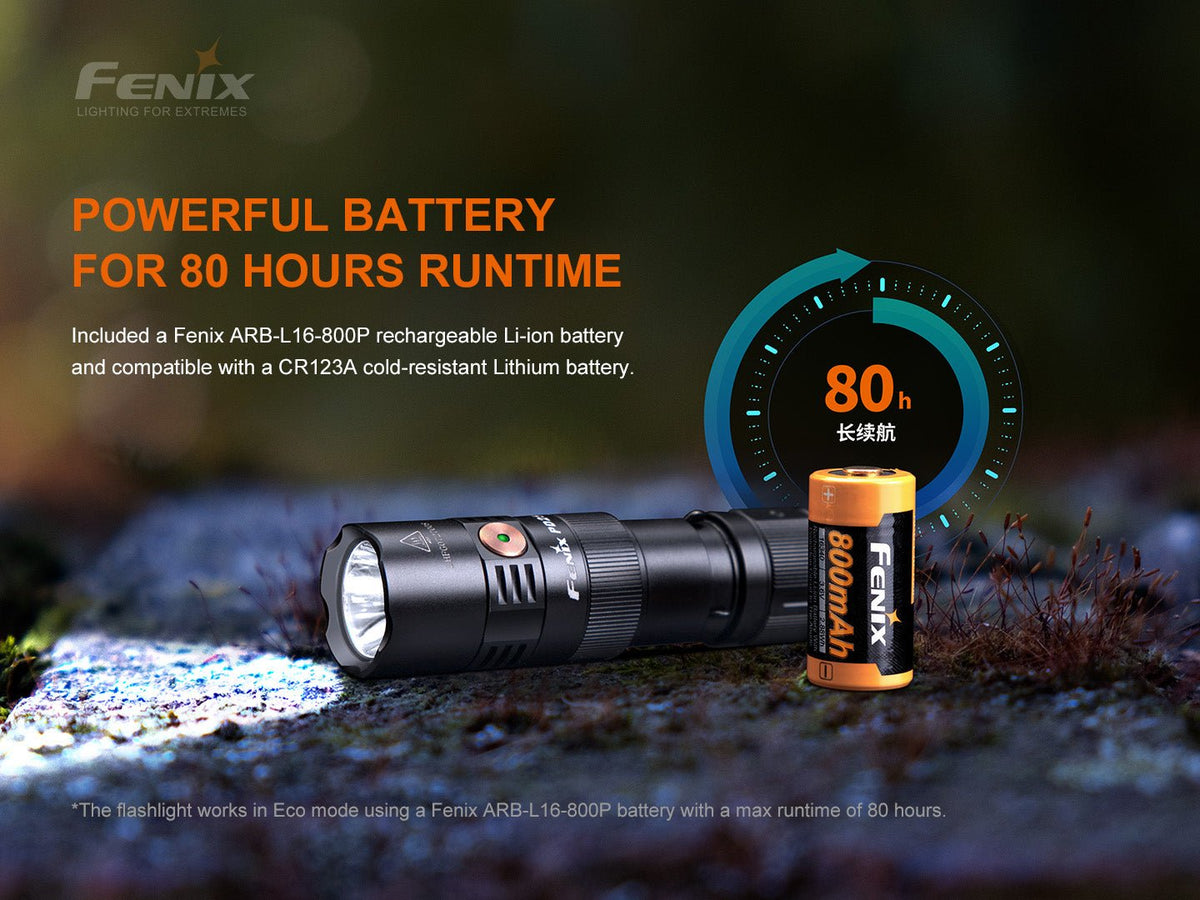 Fenix PD25R rechargeable LED flashlight, black aluminum with orange button, ARB-L16-800P battery on Tampa Home & Garden Store