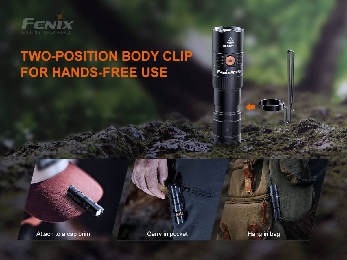 Fenix PD25R rechargeable EDC flashlight with black metal body and two-position body clip on Tampa Home & Garden Store