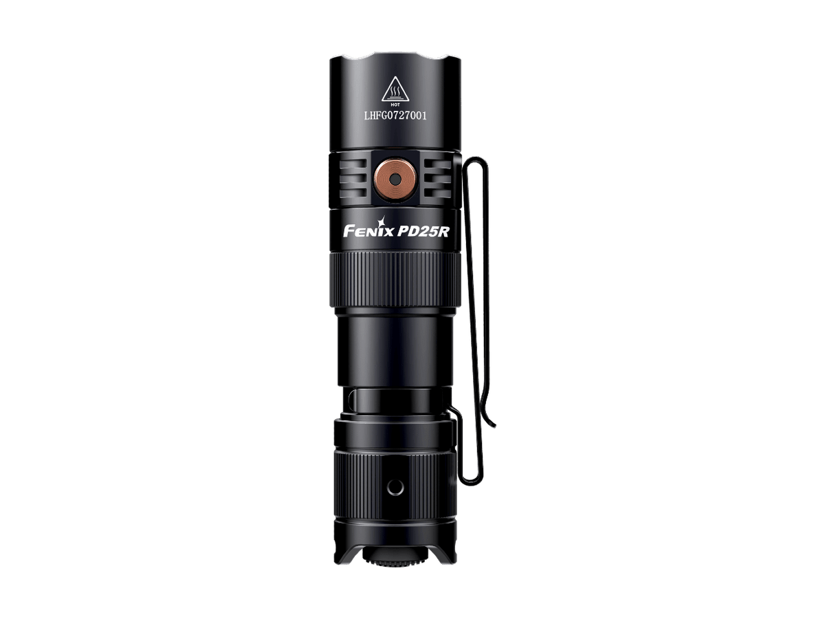 Fenix PD25R rechargeable LED flashlight, black aluminum body with pocket clip on Tampa Home & Garden Store