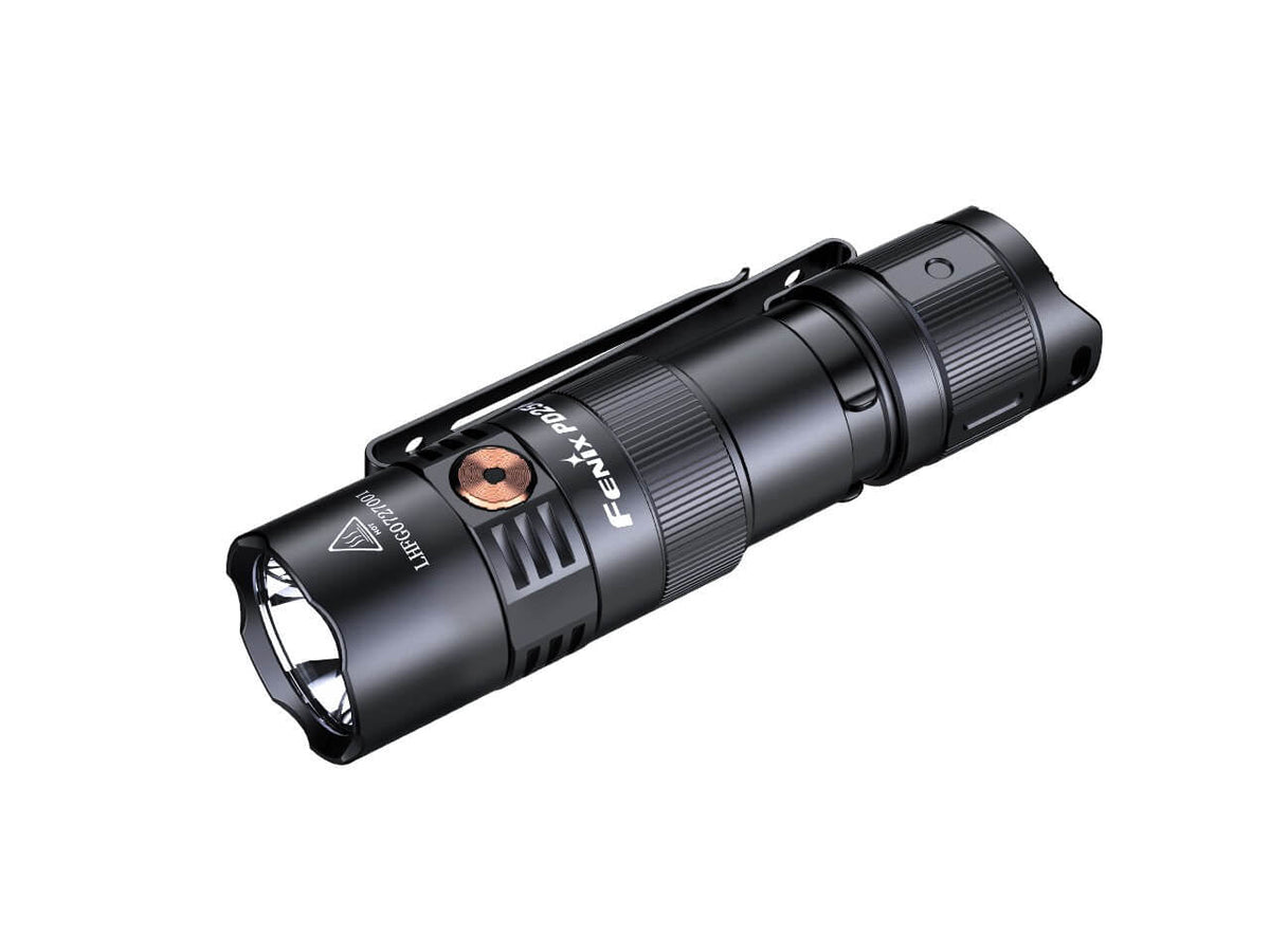 Fenix PD25R rechargeable EDC flashlight by Fenix Store, black aluminum body with pocket clip on Tampa Home & Garden Store