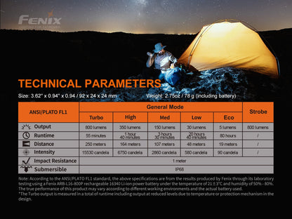 Fenix PD25R Rechargeable LED Flashlight with technical parameters table and camping image on Tampa Home & Garden Store