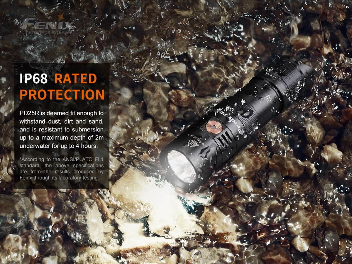 Fenix PD25R rechargeable LED flashlight, black aluminum body, IP68 rated, EDC flashlight on Tampa Home & Garden Store