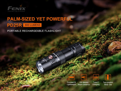 Fenix PD25R rechargeable pocket flashlight on mossy ground black metal body, copper power button on Tampa Home & Garden Store