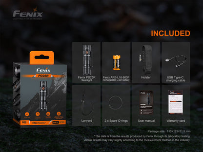 Fenix PD25R flashlight black body; includes battery, holster, USB-C cable, lanyard, 2x O-rings on Tampa Home & Garden Store
