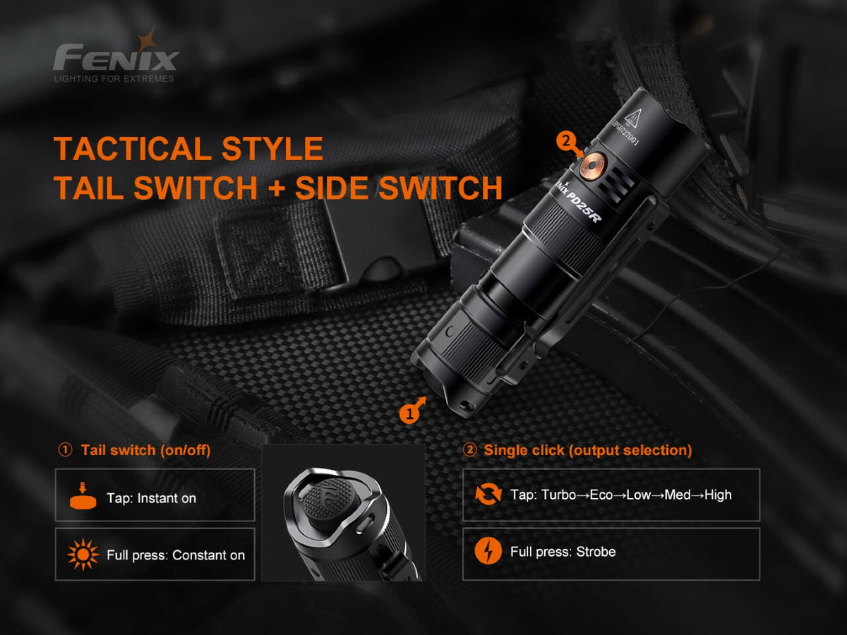 Fenix PD25R rechargeable flashlight, black aluminum EDC with tail and side switches on Tampa Home & Garden Store