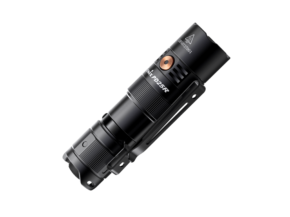 Fenix PD25R rechargeable EDC flashlight in black aluminum with pocket clip and copper control button on Tampa Home & Garden Store